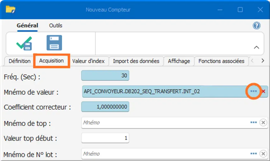 Paramètres acquisition du compteur